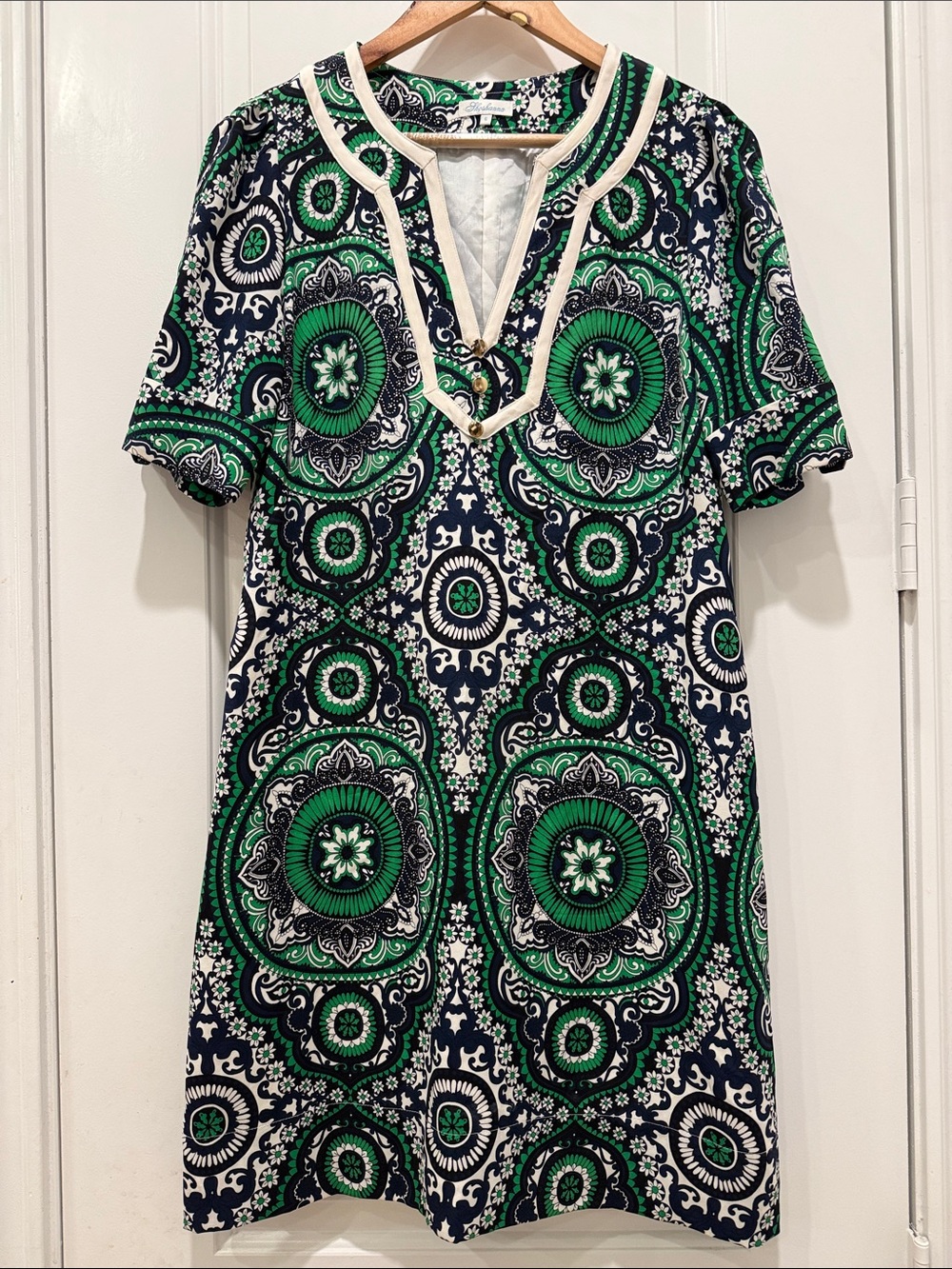 Shoshanna Green, Navy & Cream Patterned V-Neck Mini Dress